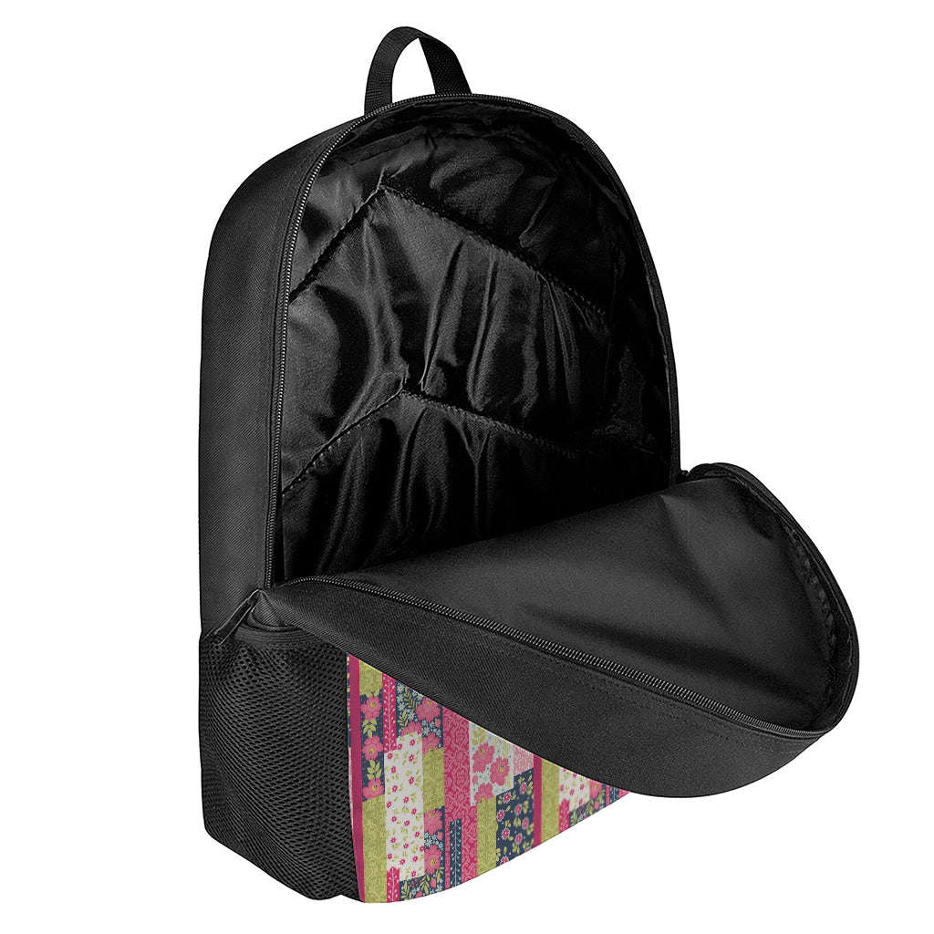 Pink Flower Patchwork Pattern Print 17 Inch Backpack