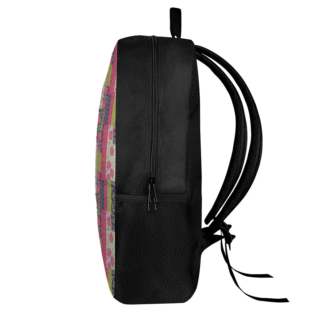 Pink Flower Patchwork Pattern Print 17 Inch Backpack