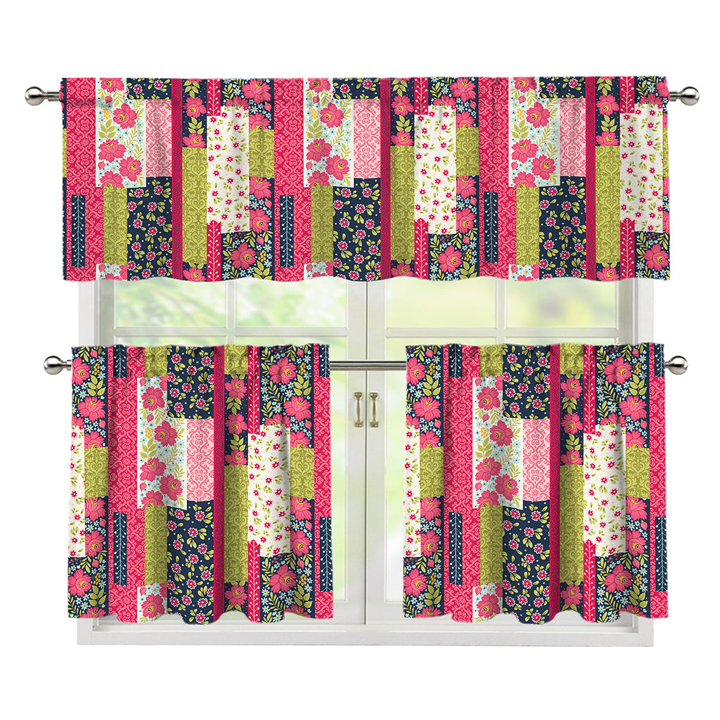 Pink Flower Patchwork Pattern Print 3 Piece Kitchen Curtains