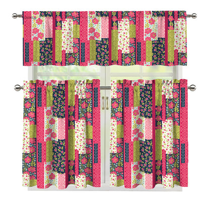 Pink Flower Patchwork Pattern Print 3 Piece Kitchen Curtains