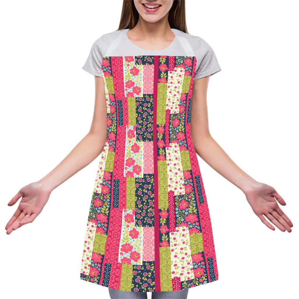 Pink Flower Patchwork Pattern Print Adjustable Apron