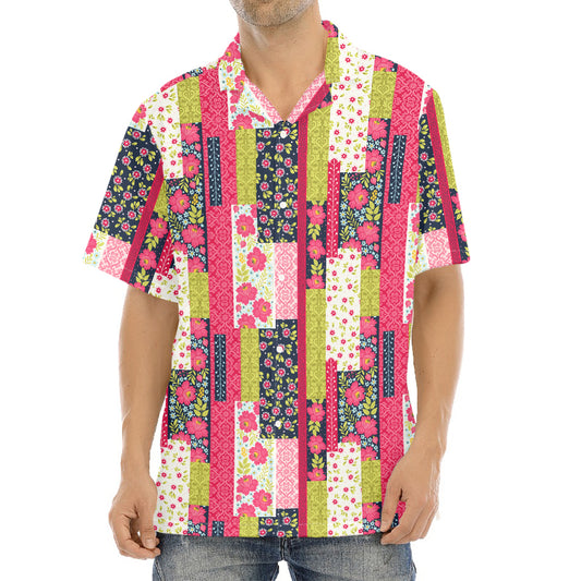 Pink Flower Patchwork Pattern Print Aloha Shirt