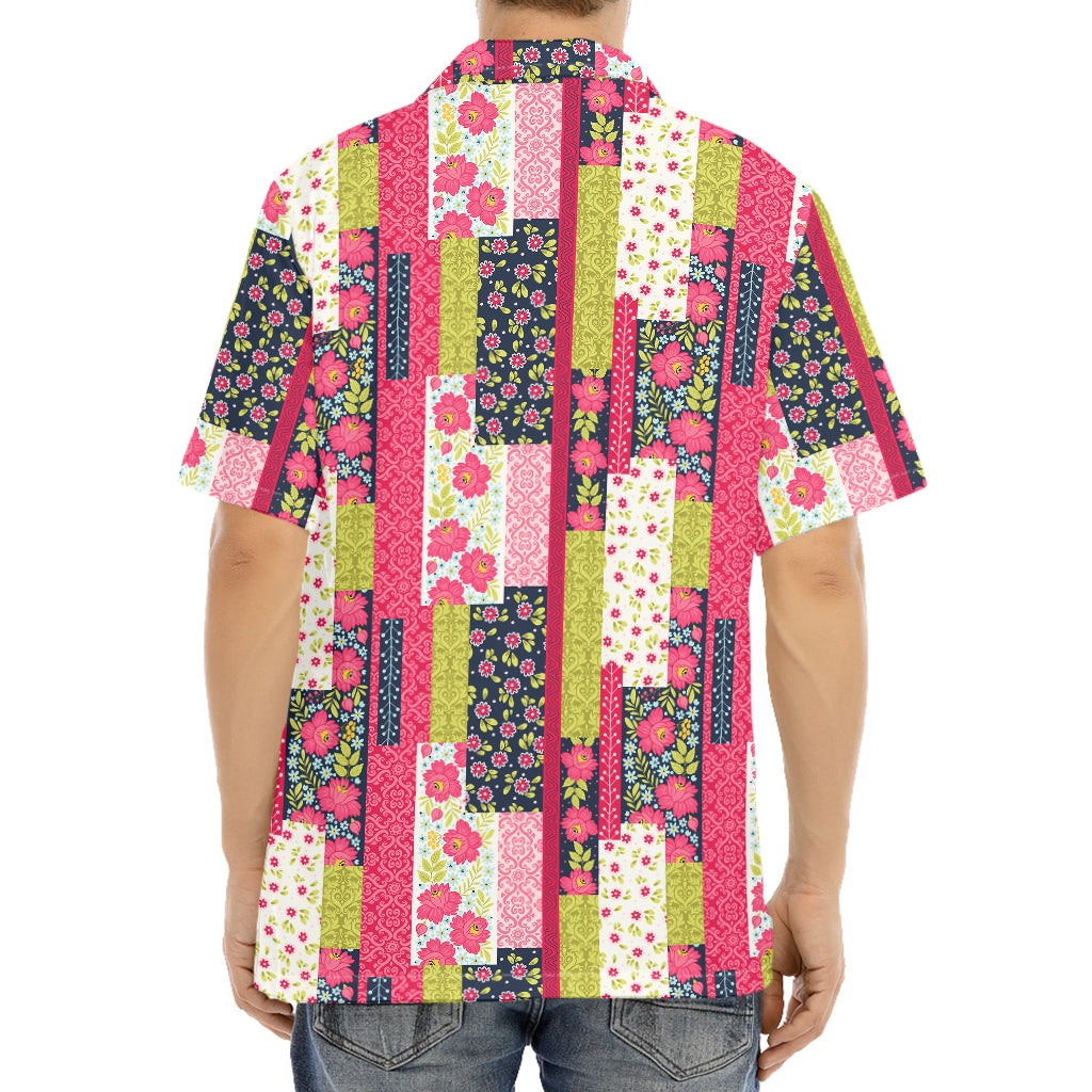Pink Flower Patchwork Pattern Print Aloha Shirt