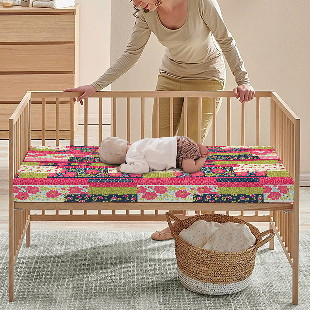 Pink Flower Patchwork Pattern Print Baby Crib Sheet