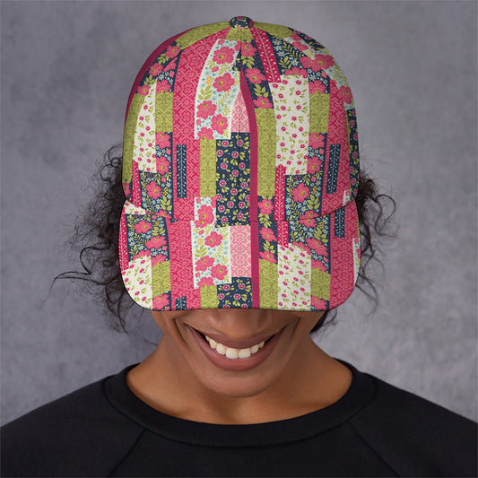 Pink Flower Patchwork Pattern Print Baseball Cap