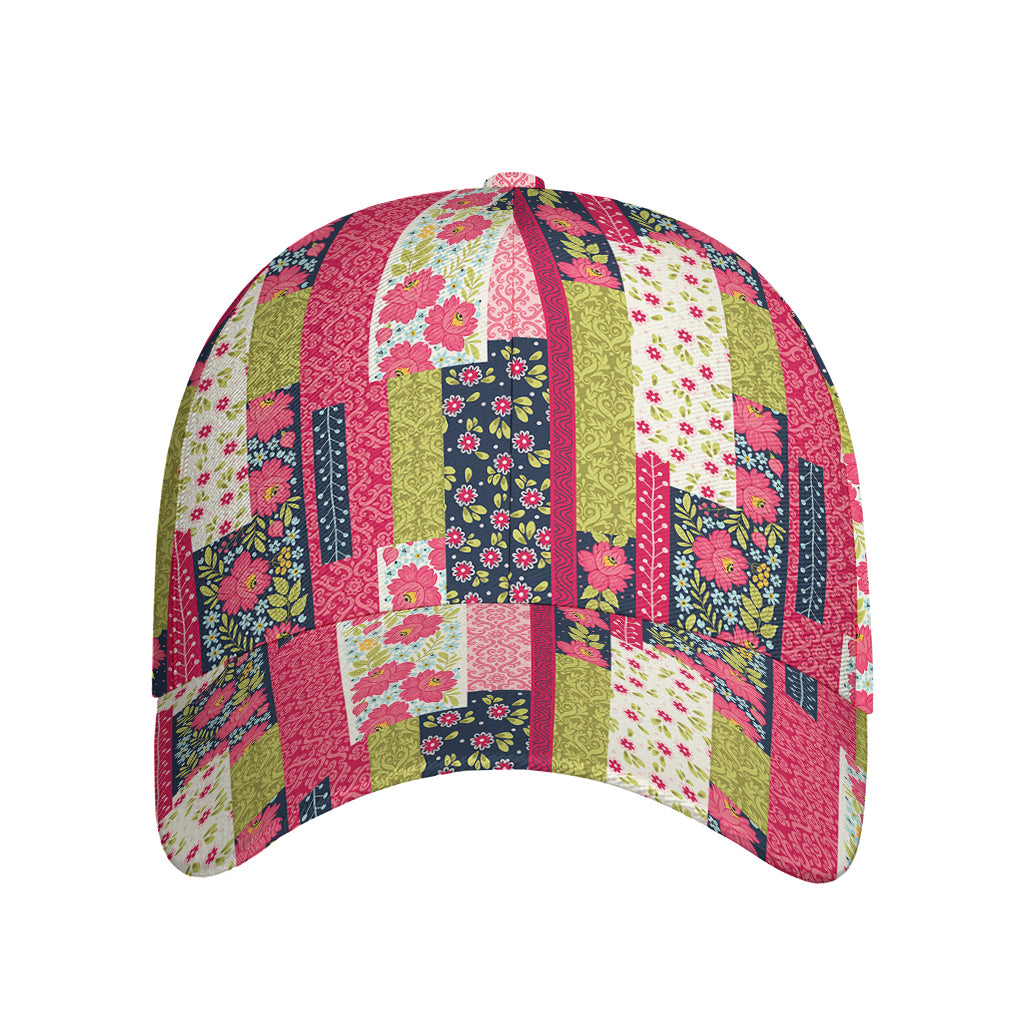 Pink Flower Patchwork Pattern Print Baseball Cap