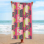 Pink Flower Patchwork Pattern Print Beach Towel