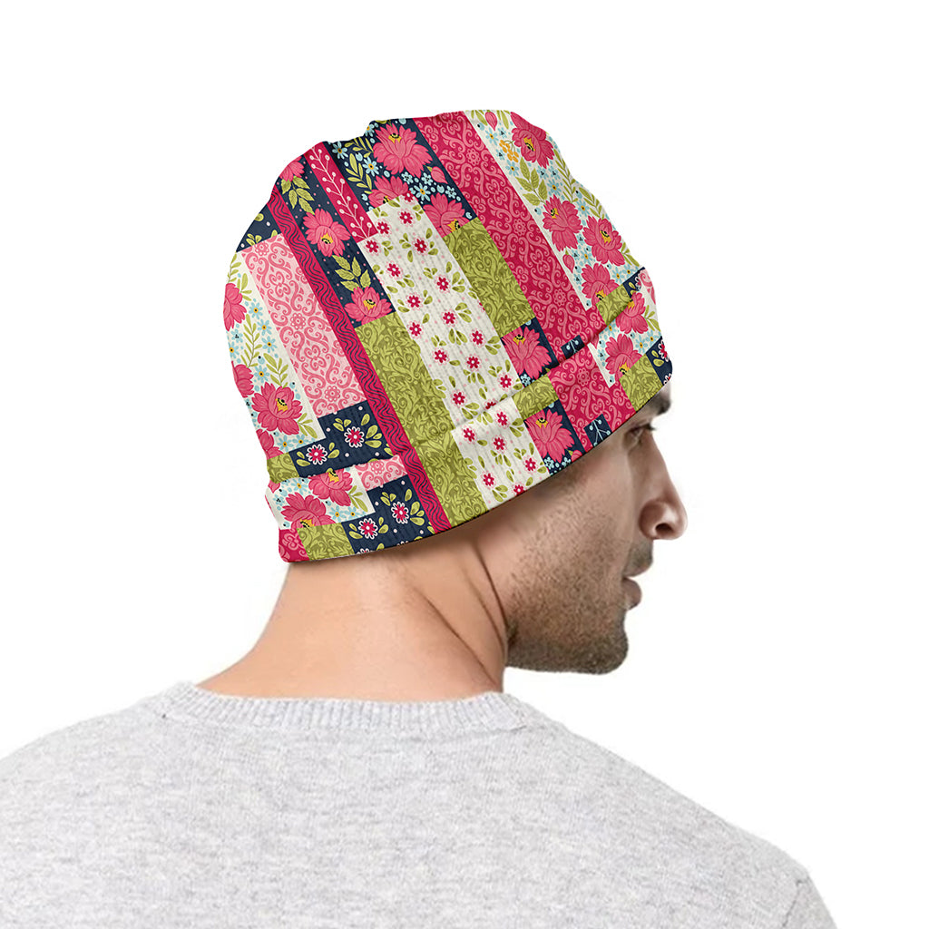 Pink Flower Patchwork Pattern Print Beanie