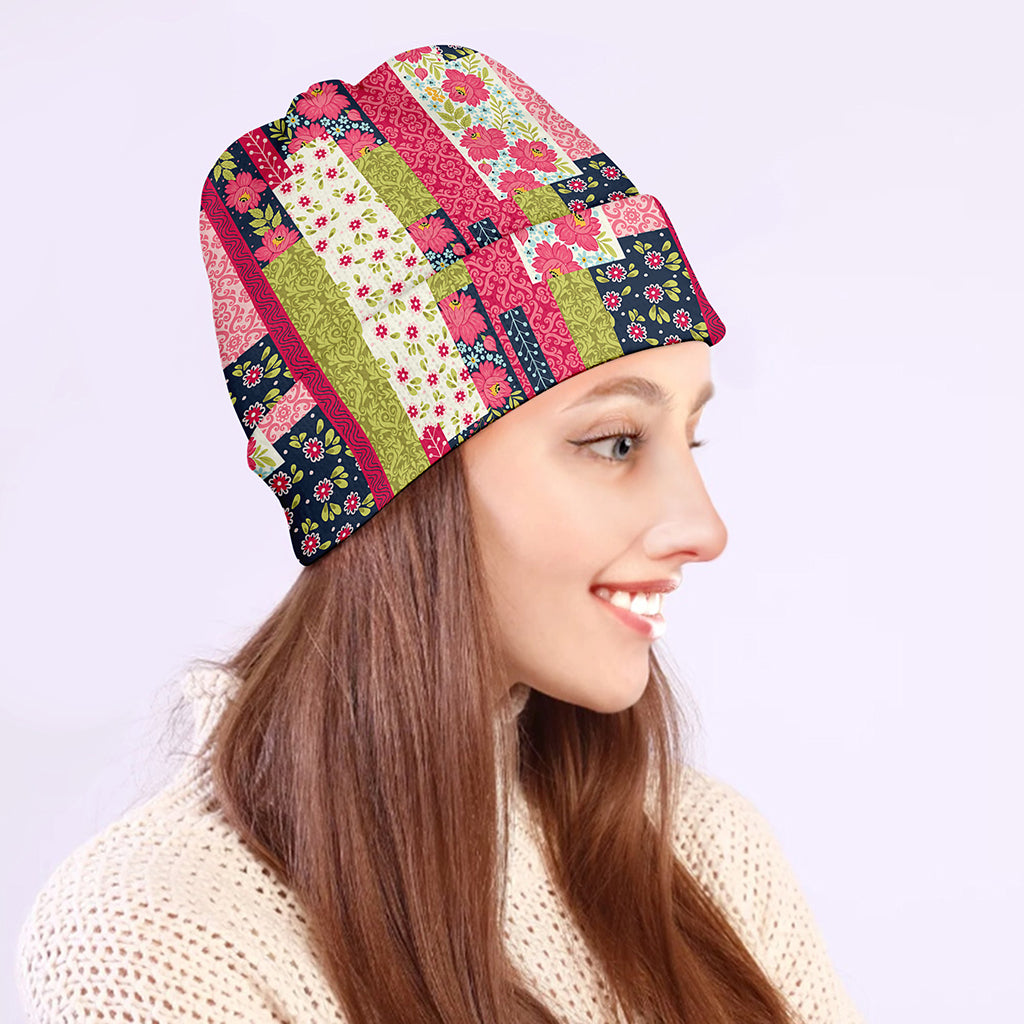 Pink Flower Patchwork Pattern Print Beanie