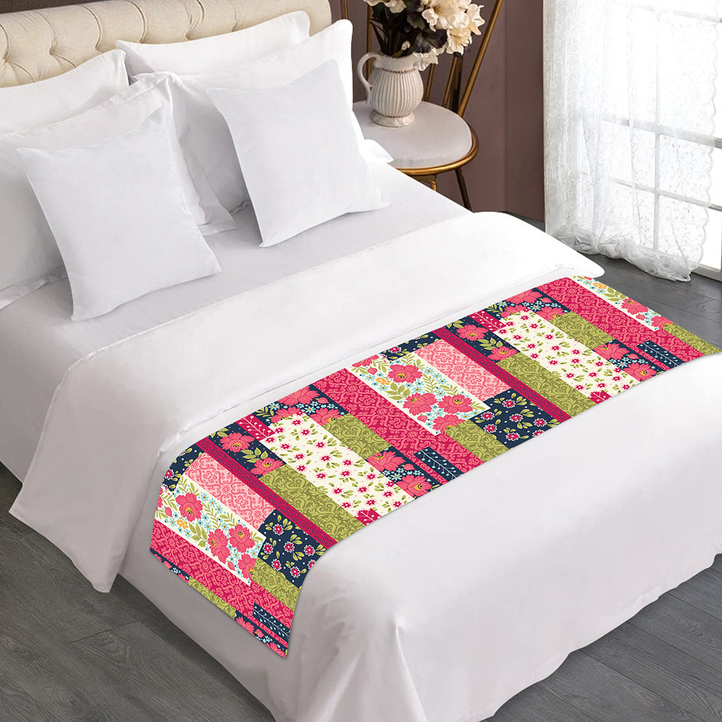 Pink Flower Patchwork Pattern Print Bed Runner
