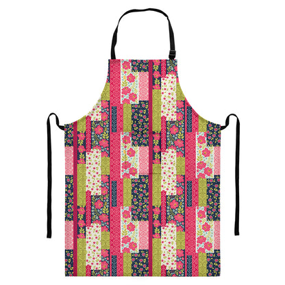 Pink Flower Patchwork Pattern Print Bib Apron With Pocket
