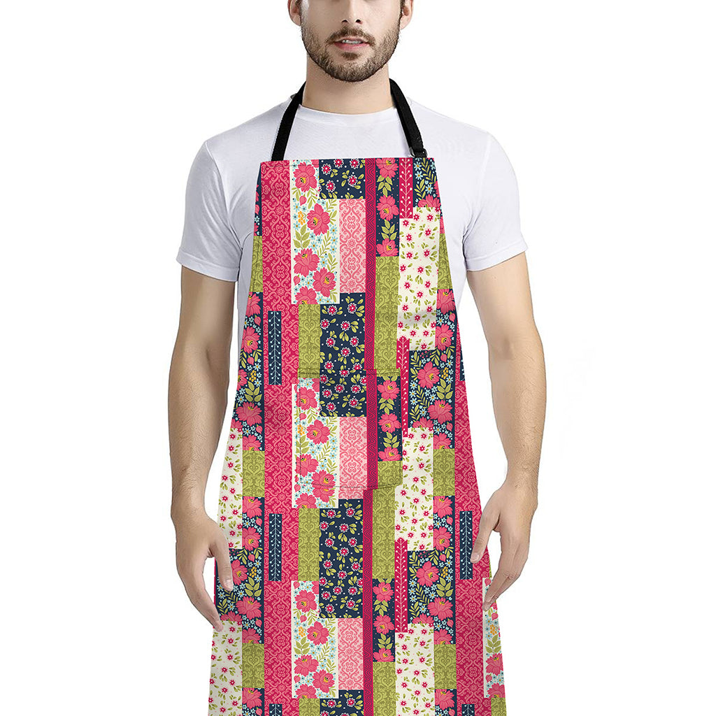Pink Flower Patchwork Pattern Print Bib Apron With Pocket