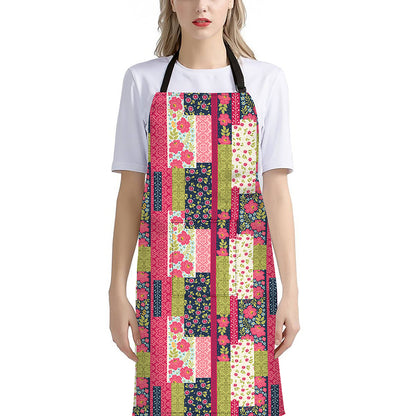 Pink Flower Patchwork Pattern Print Bib Apron With Pocket