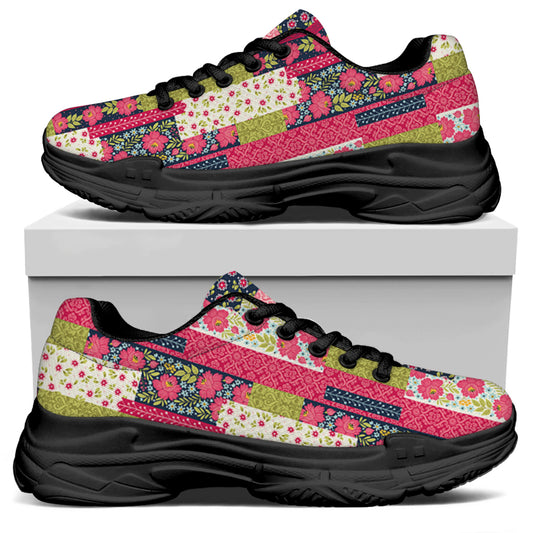 Pink Flower Patchwork Pattern Print Black Chunky Shoes
