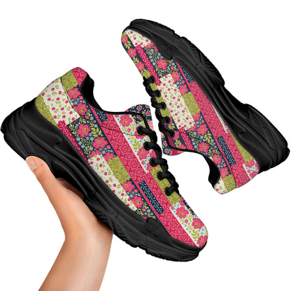 Pink Flower Patchwork Pattern Print Black Chunky Shoes