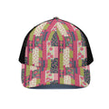 Pink Flower Patchwork Pattern Print Black Mesh Trucker Hat