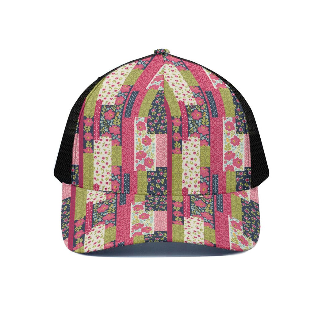 Pink Flower Patchwork Pattern Print Black Mesh Trucker Cap