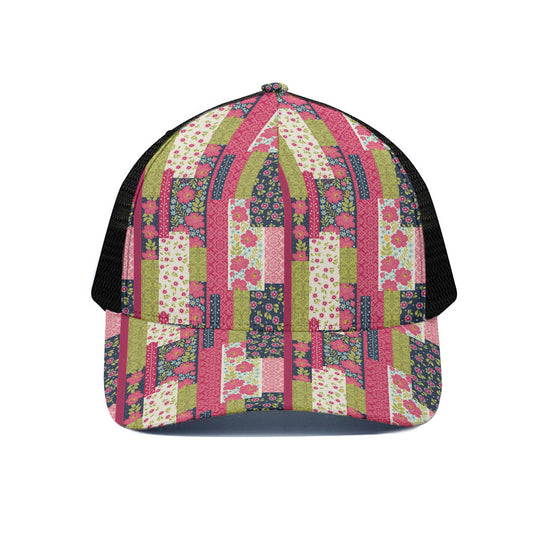 Pink Flower Patchwork Pattern Print Black Mesh Trucker Cap