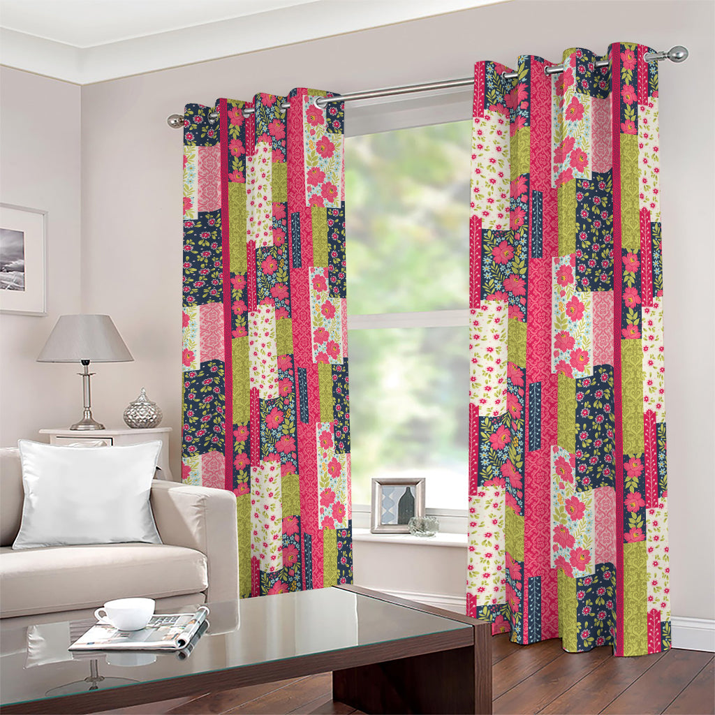 Pink Flower Patchwork Pattern Print Blackout Grommet Curtains