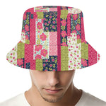 Pink Flower Patchwork Pattern Print Bucket Hat