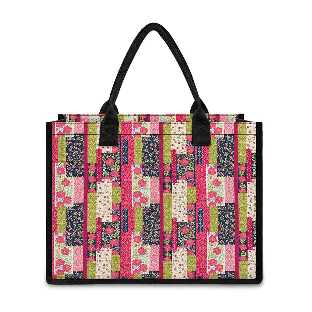 Pink Flower Patchwork Pattern Print Canvas Tote Bag