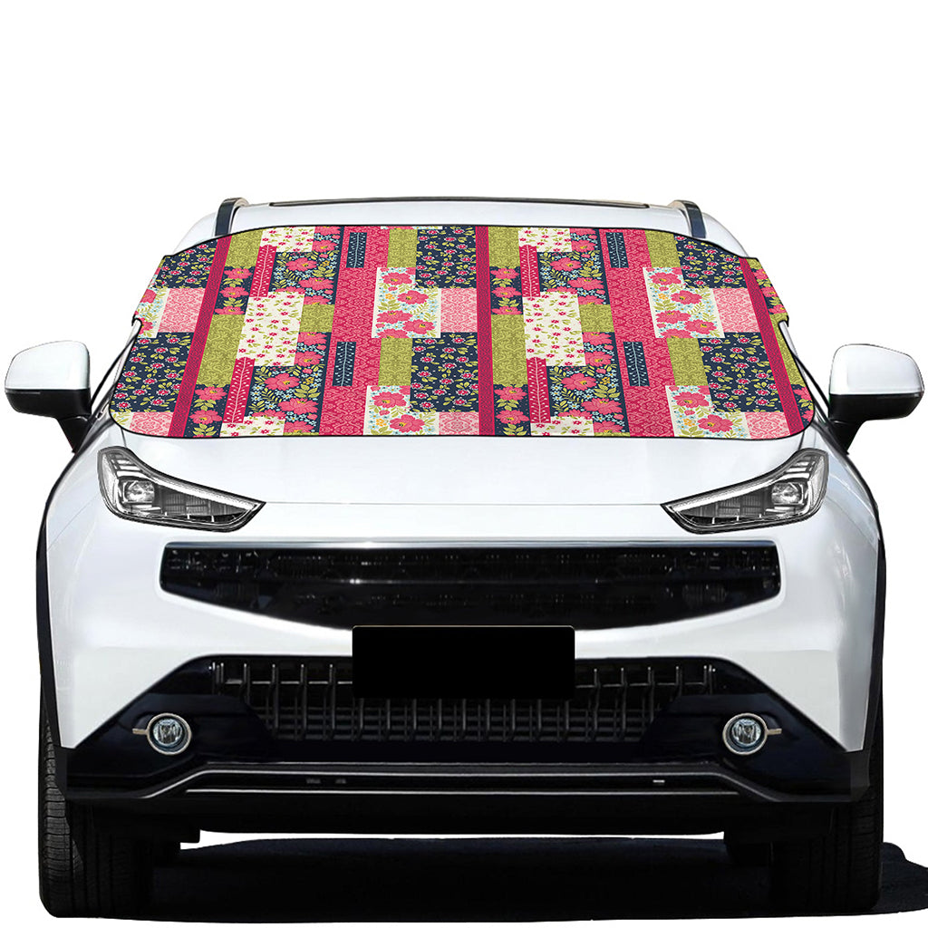 Pink Flower Patchwork Pattern Print Car Windshield Snow Cover