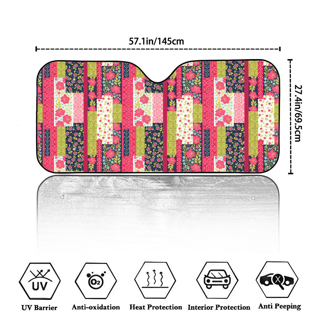 Pink Flower Patchwork Pattern Print Car Windshield Sun Shade