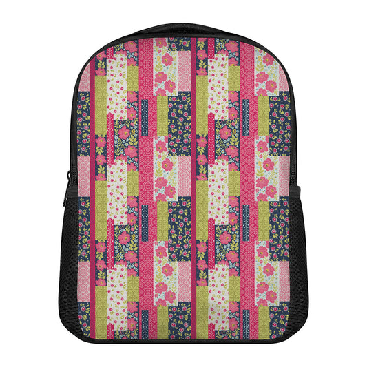 Pink Flower Patchwork Pattern Print Casual Backpack