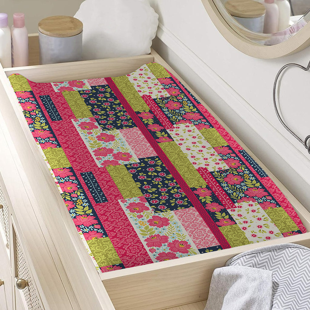 Pink Flower Patchwork Pattern Print Changing Pad Cover