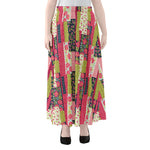 Pink Flower Patchwork Pattern Print Chiffon Maxi Skirt