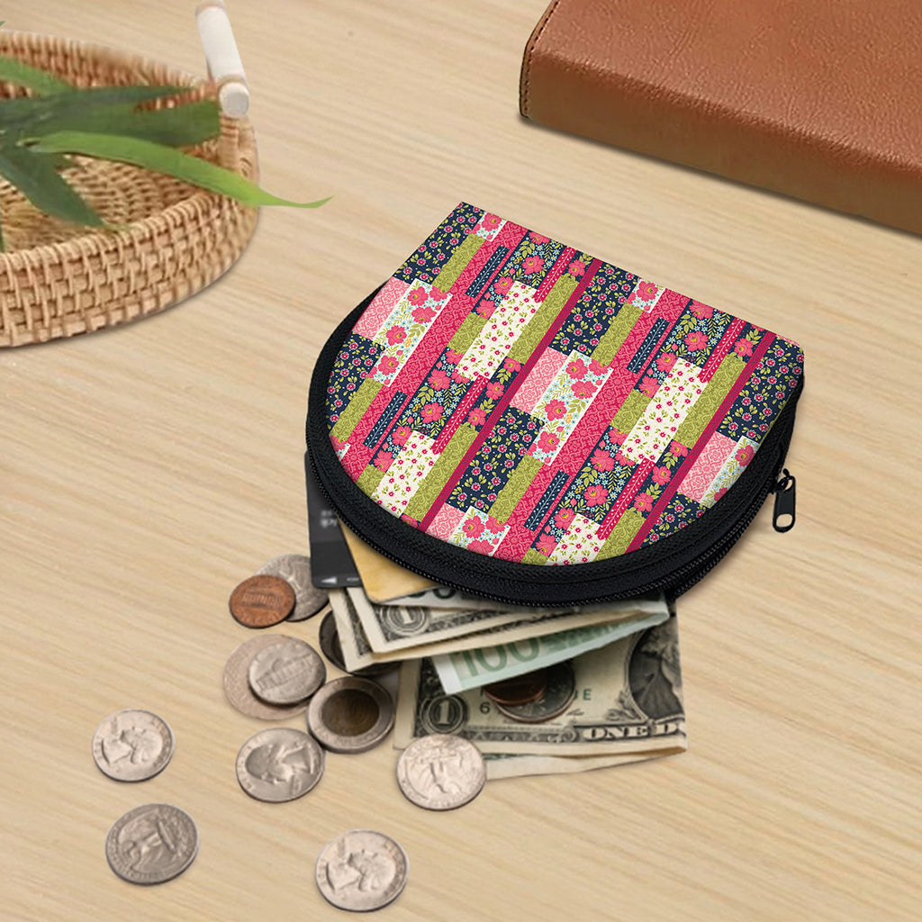 Pink Flower Patchwork Pattern Print Coin Purse