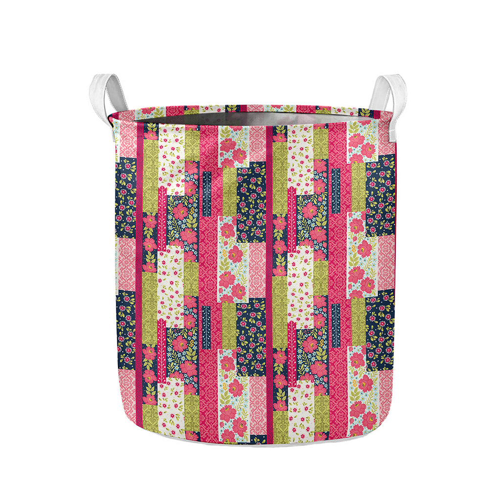 Pink Flower Patchwork Pattern Print Collapsible Laundry Basket
