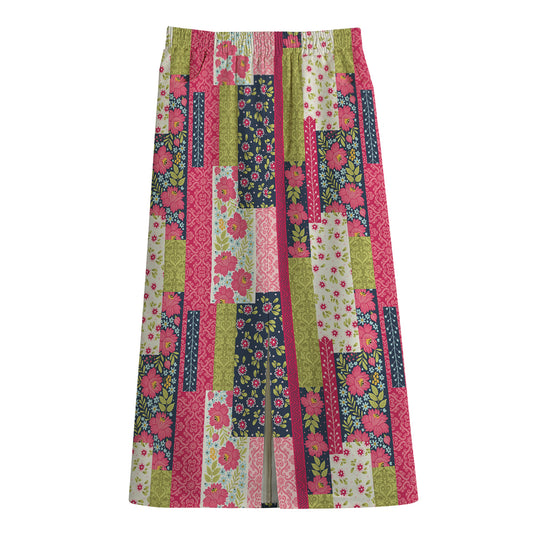 Pink Flower Patchwork Pattern Print Cotton Front Slit Maxi Skirt