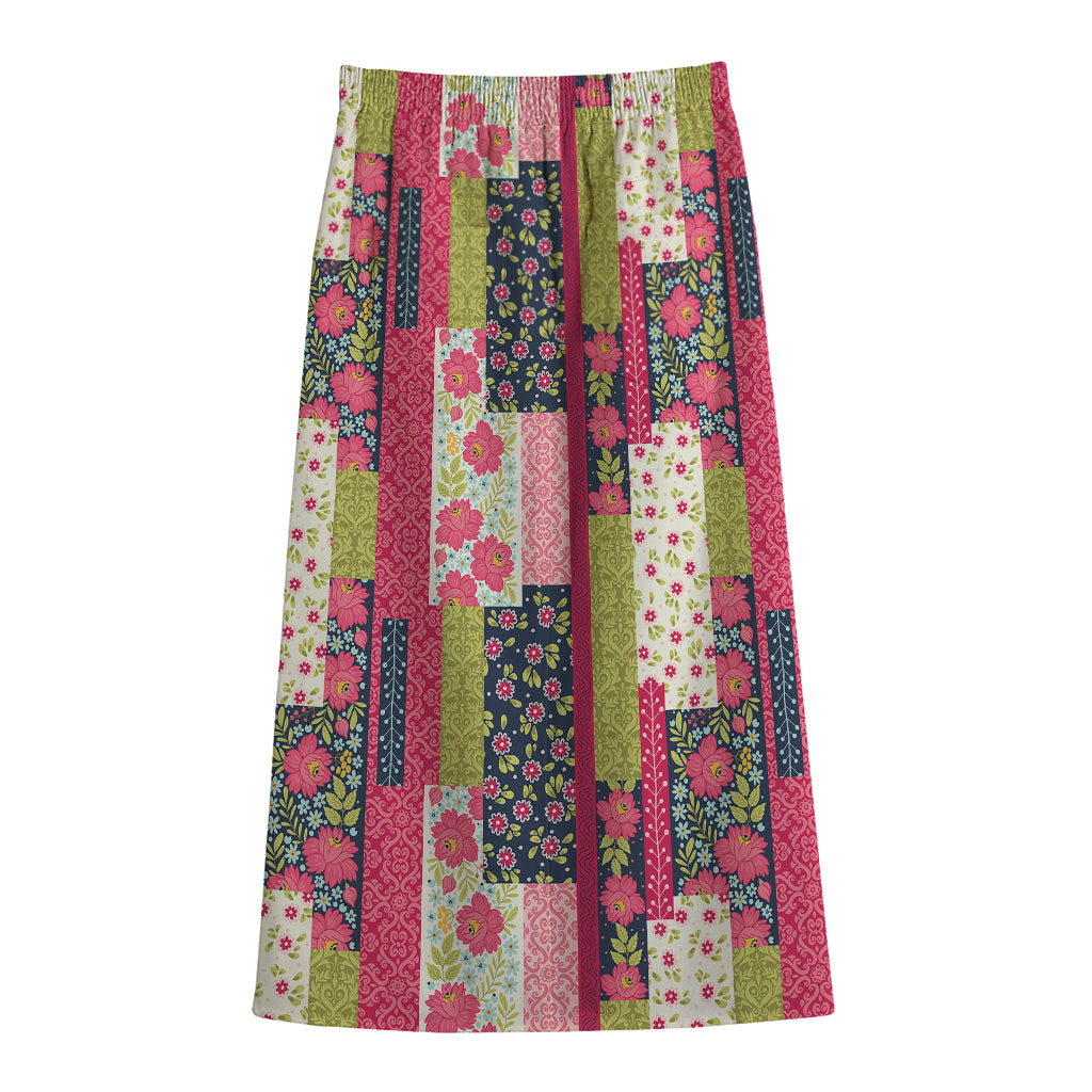 Pink Flower Patchwork Pattern Print Cotton Front Slit Maxi Skirt