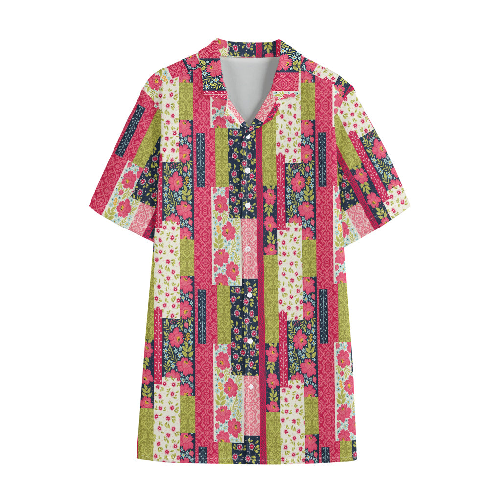 Pink Flower Patchwork Pattern Print Cotton Hawaiian Shirt
