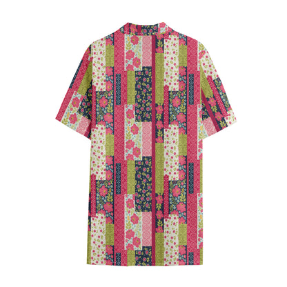 Pink Flower Patchwork Pattern Print Cotton Hawaiian Shirt