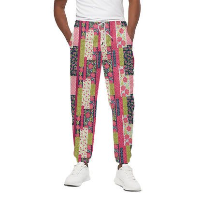 Pink Flower Patchwork Pattern Print Cotton Pants