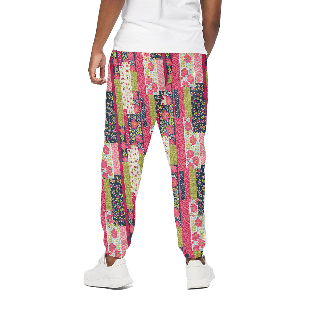 Pink Flower Patchwork Pattern Print Cotton Pants
