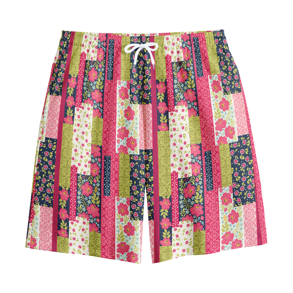 Pink Flower Patchwork Pattern Print Cotton Shorts