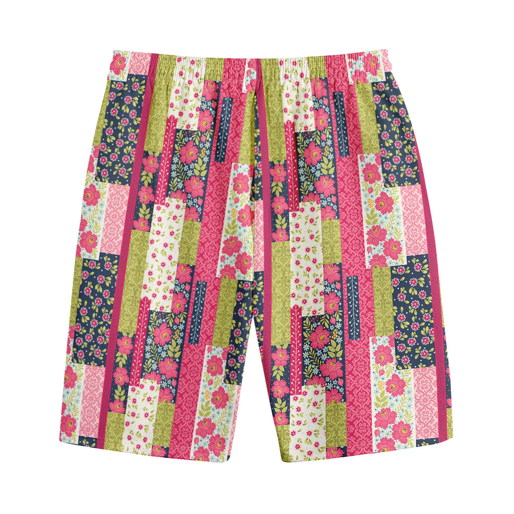 Pink Flower Patchwork Pattern Print Cotton Shorts