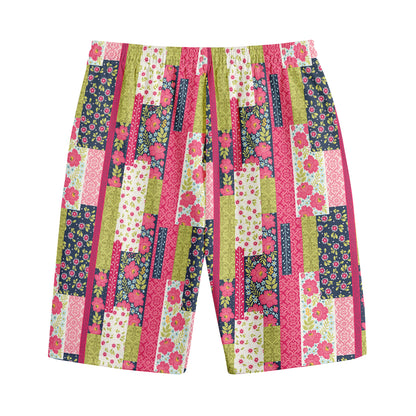Pink Flower Patchwork Pattern Print Cotton Shorts