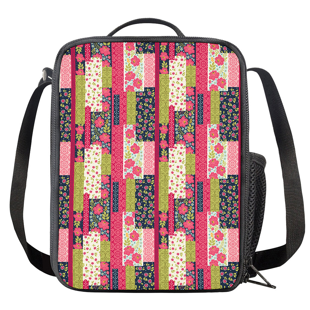 Pink Flower Patchwork Pattern Print Crossbody Lunch Bag