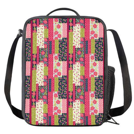 Pink Flower Patchwork Pattern Print Crossbody Lunch Bag