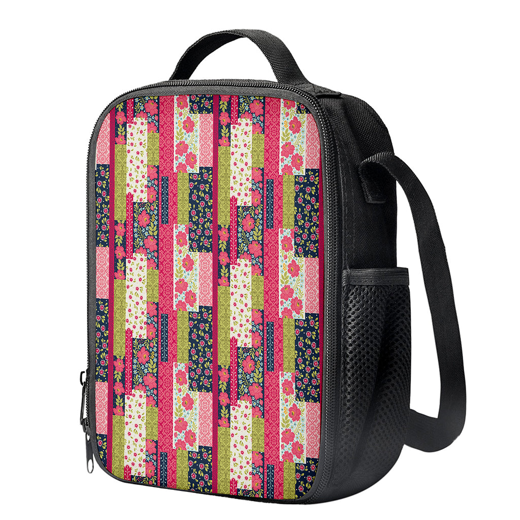 Pink Flower Patchwork Pattern Print Crossbody Lunch Bag