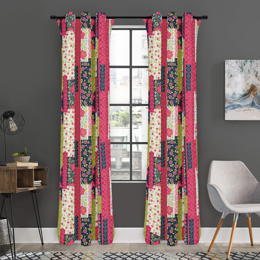 Pink Flower Patchwork Pattern Print Curtain