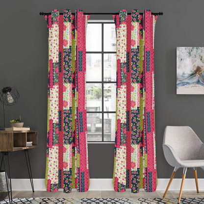 Pink Flower Patchwork Pattern Print Curtain