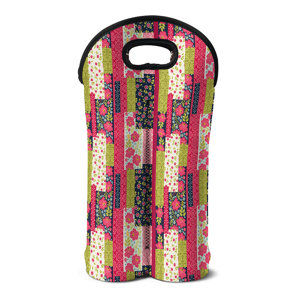 Pink Flower Patchwork Pattern Print Double Neoprene Wine Tote