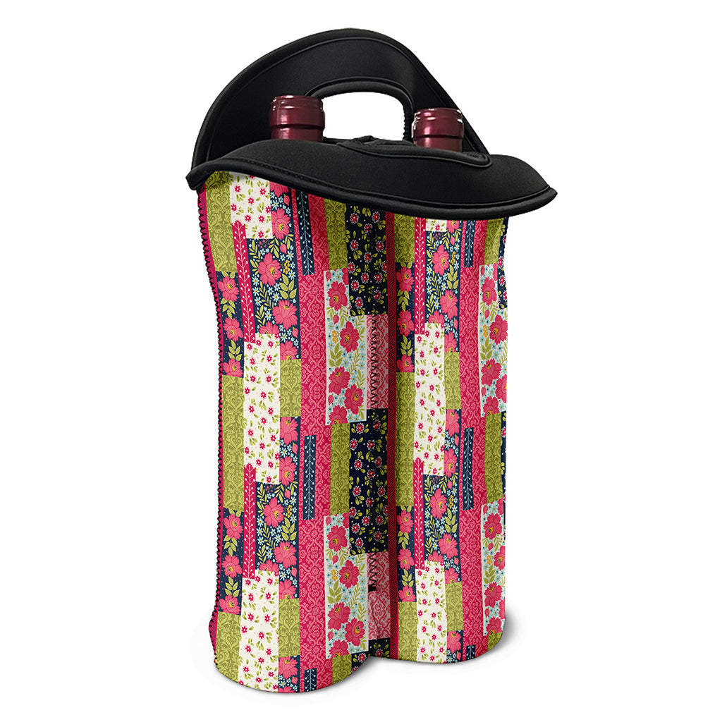 Pink Flower Patchwork Pattern Print Double Neoprene Wine Tote