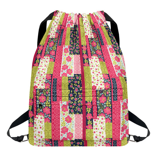 Pink Flower Patchwork Pattern Print Drawstring Backpack