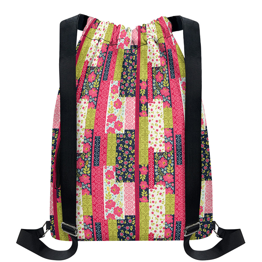 Pink Flower Patchwork Pattern Print Drawstring Backpack